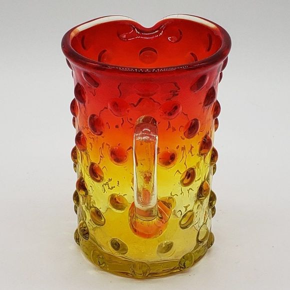 Mini Amberina Vintage Hand Blown Hobnail Glass Pitcher or Vase w/Applied Handle - Picture 8 of 14